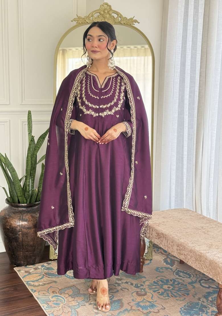 Wine Embroidered Vichitra Silk Sharara Set With Dupatta - Indya