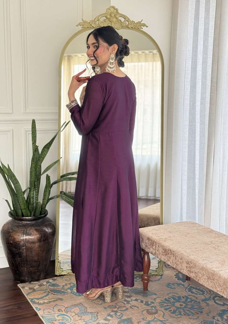 Wine Embroidered Vichitra Silk Sharara Set With Dupatta - Indya