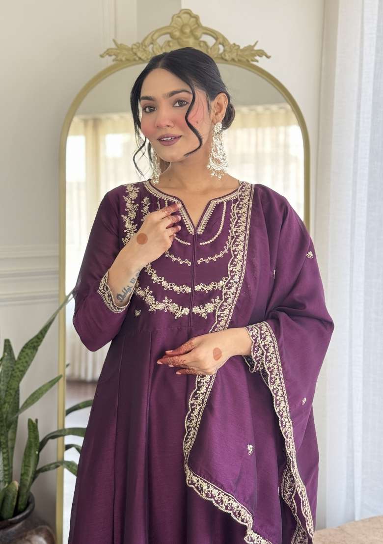 Wine Embroidered Vichitra Silk Sharara Set With Dupatta - Indya