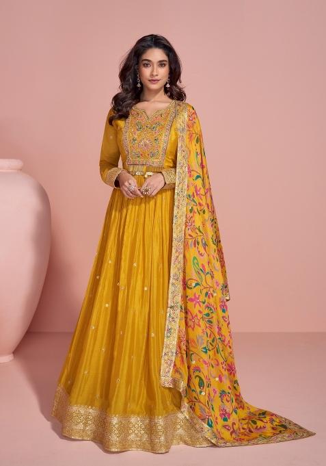 Yellow Embroidered Chinnon Salwar Kameez With Dupatta