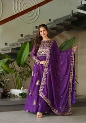 Purple Embroidered Chinnon Anarkali Set With Dupatta
