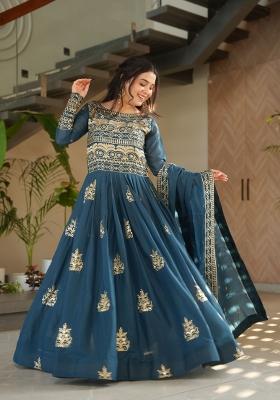 Blue Embroidered Chinnon Anarkali Set With Dupatta