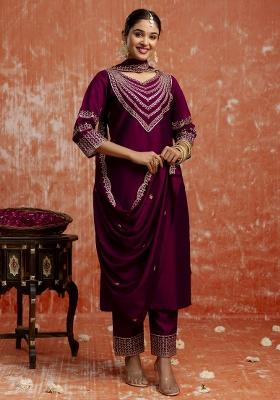 Purple Embroidered Viscose Rayon&nbsp; Salwar Kameez With Dupatta