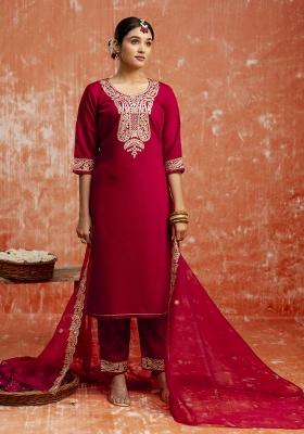 Maroon Embroidered Viscose Rayon&nbsp; Salwar Kameez With Dupatta