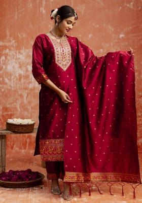 Maroon Embroidered Cotton Silk Blend Salwar Kameez With Dupatta