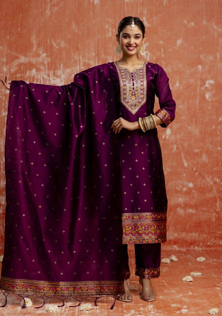 Purple Embroidered Cotton Silk Blend Salwar Kameez With Dupatta