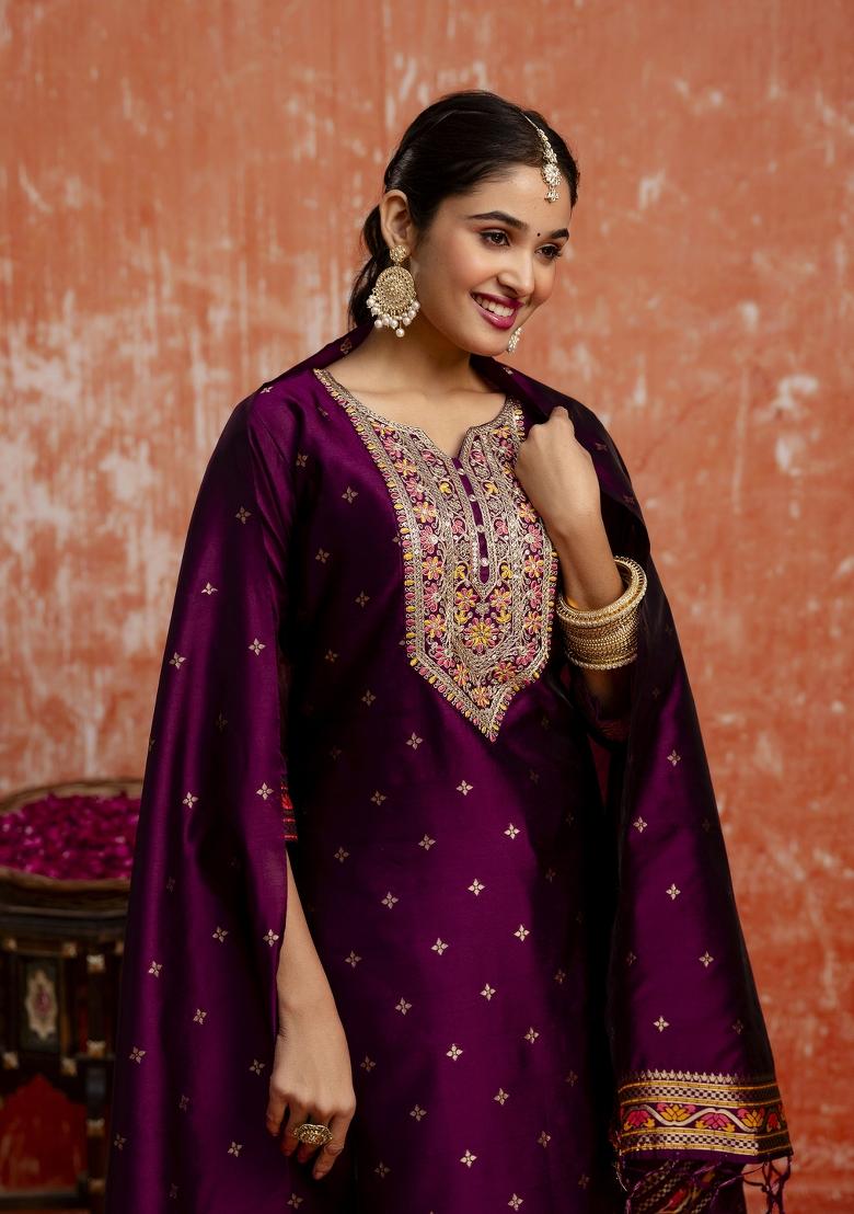 Purple Embroidered Cotton Silk Blend Salwar Kameez With Dupatta