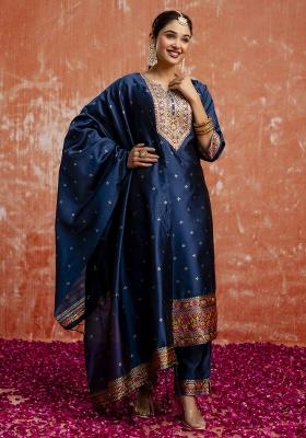 Blue Embroidered Cotton Silk Blend Salwar Kameez With Dupatta