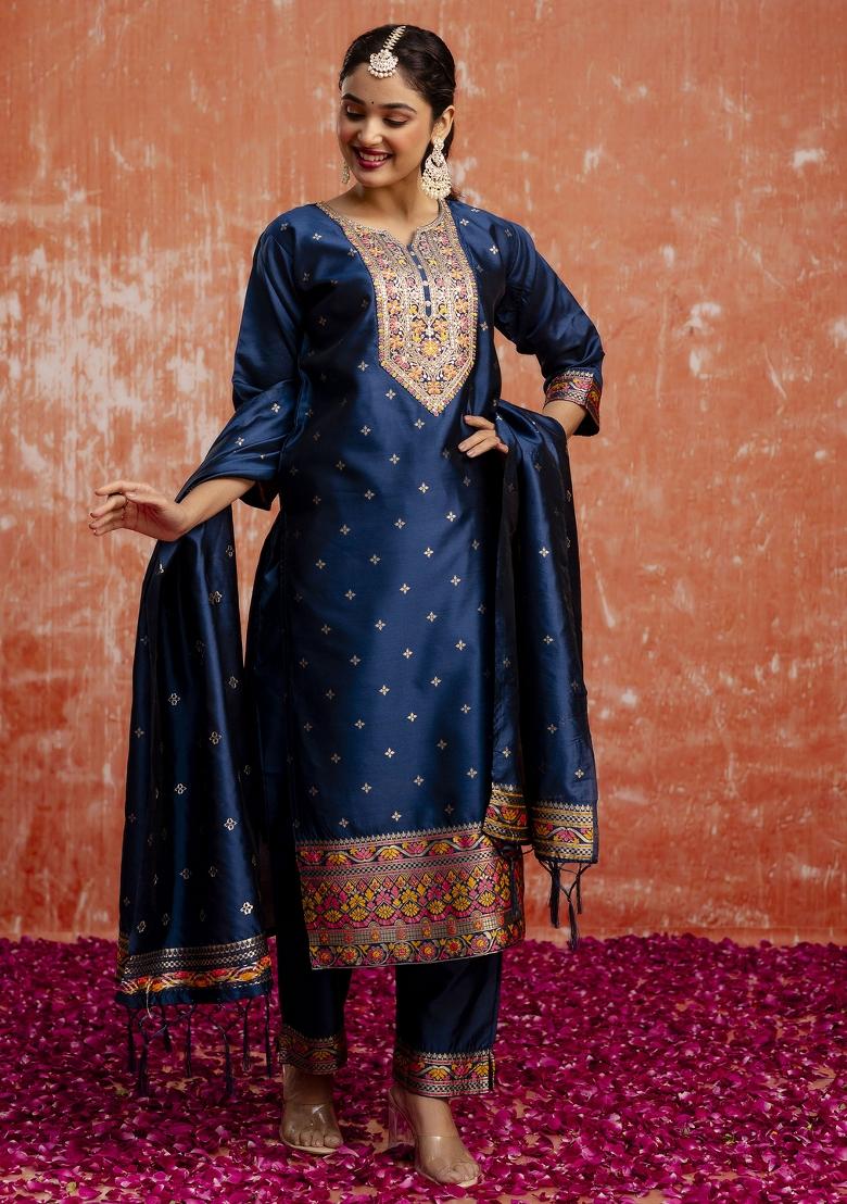 Blue Embroidered Cotton Silk Blend Salwar Kameez With Dupatta