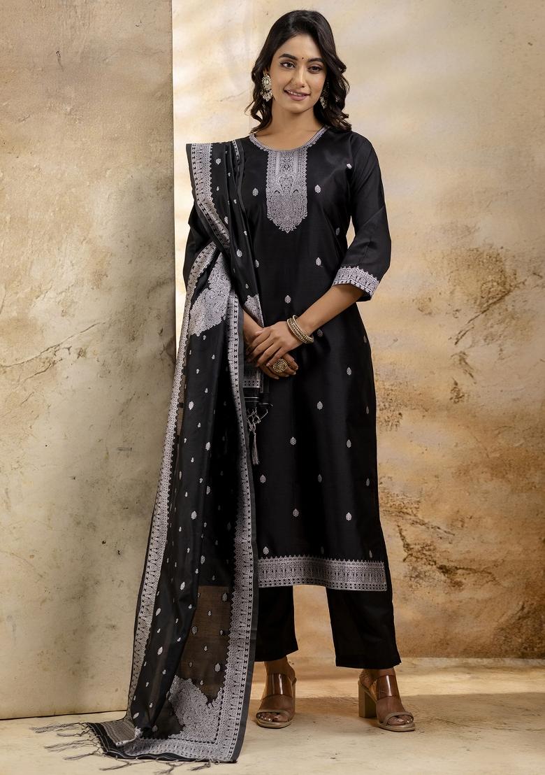 Black Weaving Jacquard Designer Cotton Blend Salwar Kameez With Dupatta