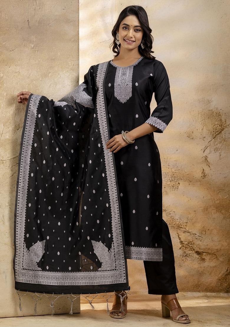 Black Weaving Jacquard Designer Cotton Blend Salwar Kameez With Dupatta