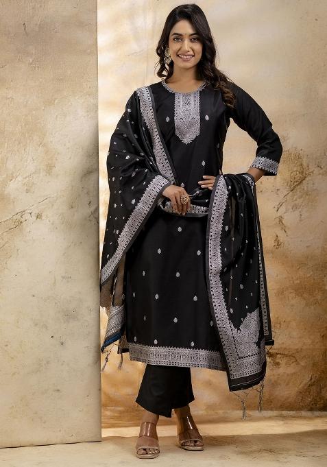 Black Weaving Jacquard Designer Cotton Blend Salwar Kameez With Dupatta