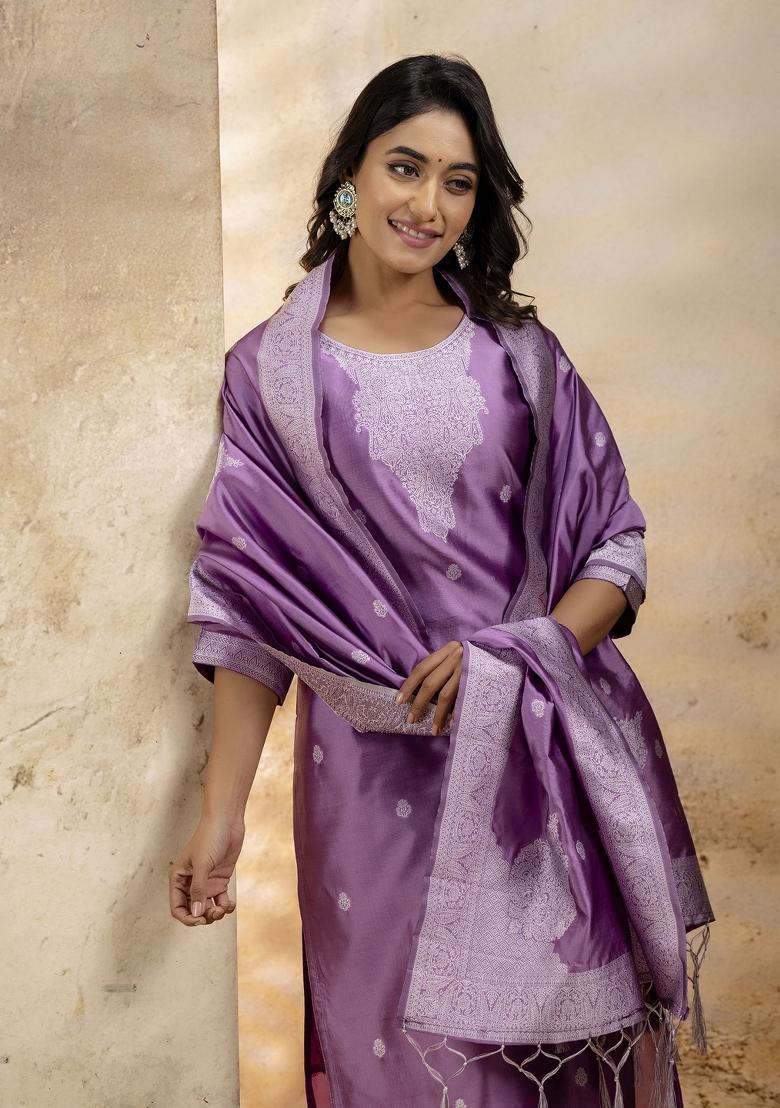 Lavender Weaving Jacquard Designer Cotton Blend Salwar Kameez With Dupatta