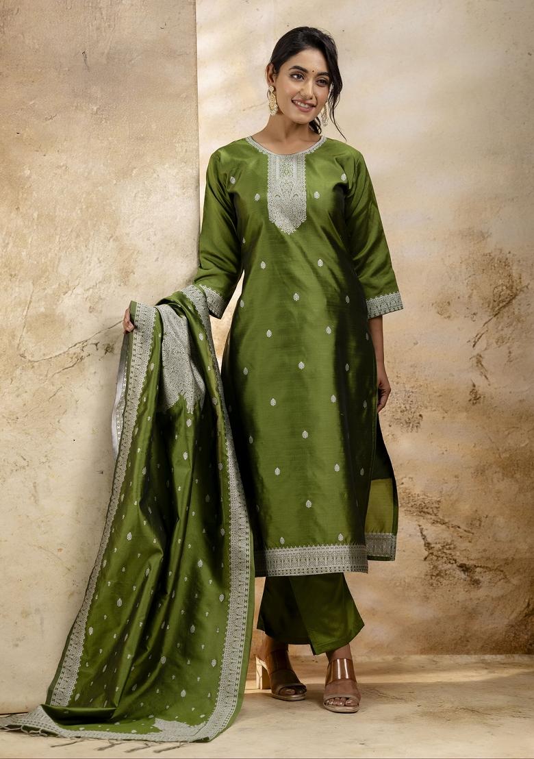 Mehendi Green Weaving Jacquard Designer Cotton Blend Salwar Kameez With Dupatta