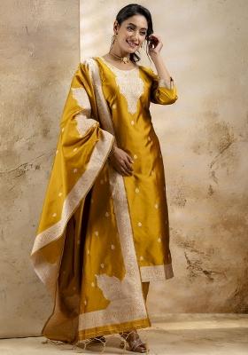Yellow Weaving Jacquard Designer Cotton Blend Salwar Kameez With Dupatta