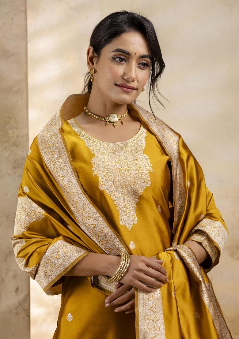 Yellow Weaving Jacquard Designer Cotton Blend Salwar Kameez With Dupatta