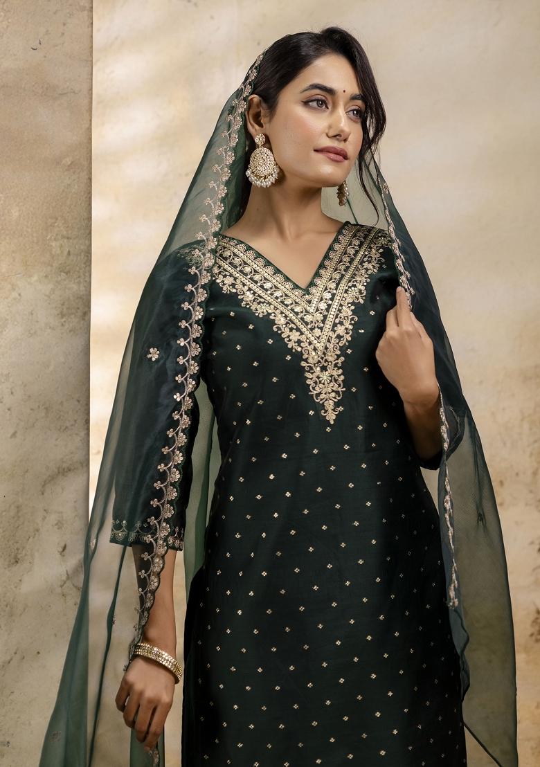Green Embroidered Chanderi Silk Salwar Kameez With Dupatta
