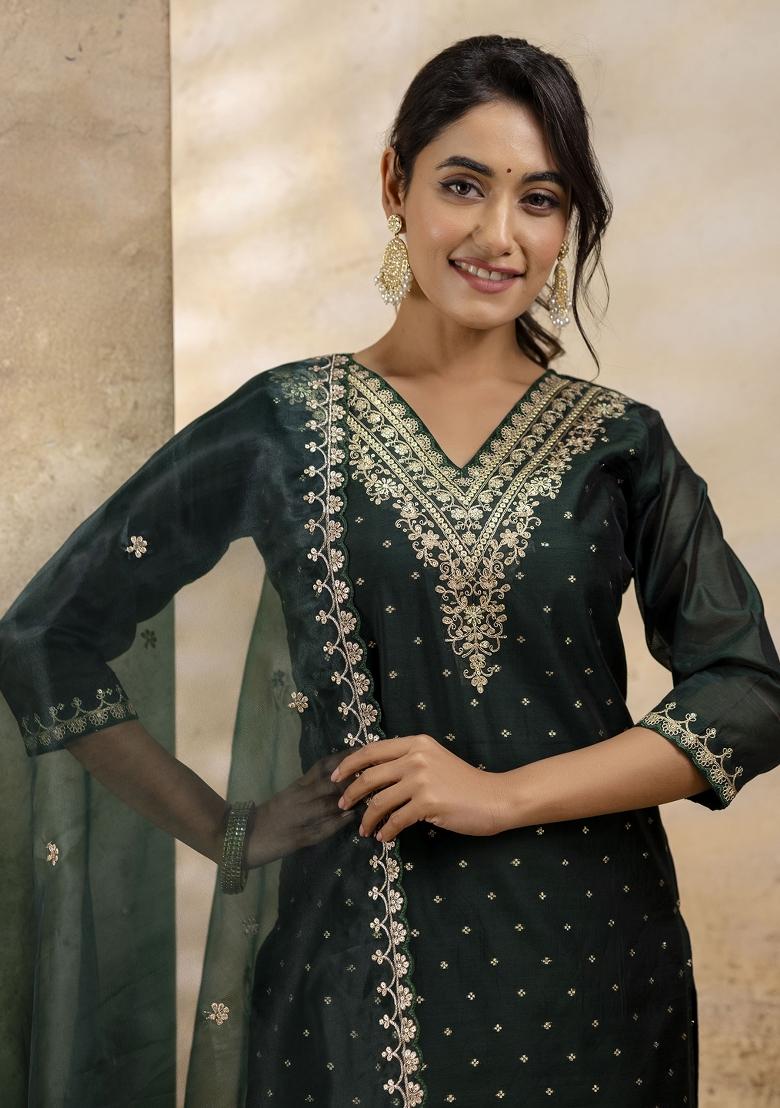 Green Embroidered Chanderi Silk Salwar Kameez With Dupatta