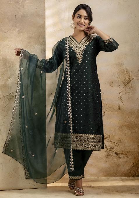 Green Embroidered Chanderi Silk Salwar Kameez With Dupatta