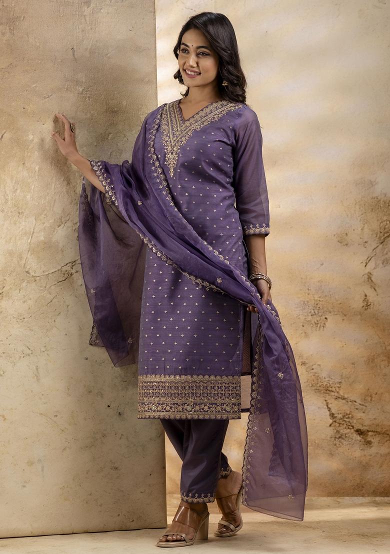 Lavender Embroidered Chanderi Silk Salwar Kameez With Dupatta