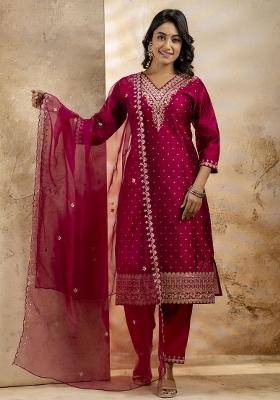 Pink Embroidered Chanderi Silk Salwar Kameez With Dupatta