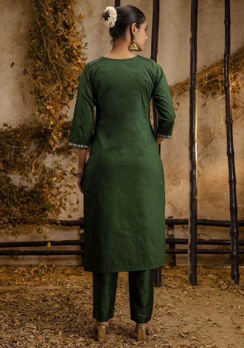 Green Embroidered Silk Blend Salwar Kameez With Dupatta