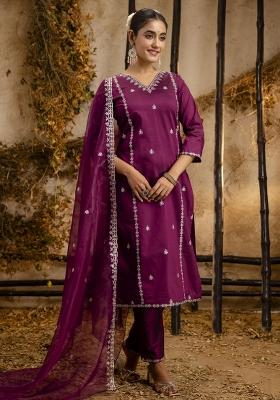 Purple Embroidered Silk Blend Salwar Kameez With Dupatta