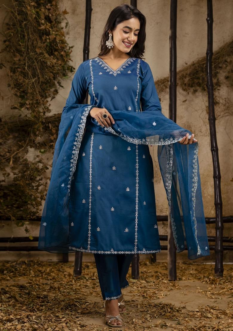 Teal Blue Embroidered Silk Blend Salwar Kameez With Dupatta
