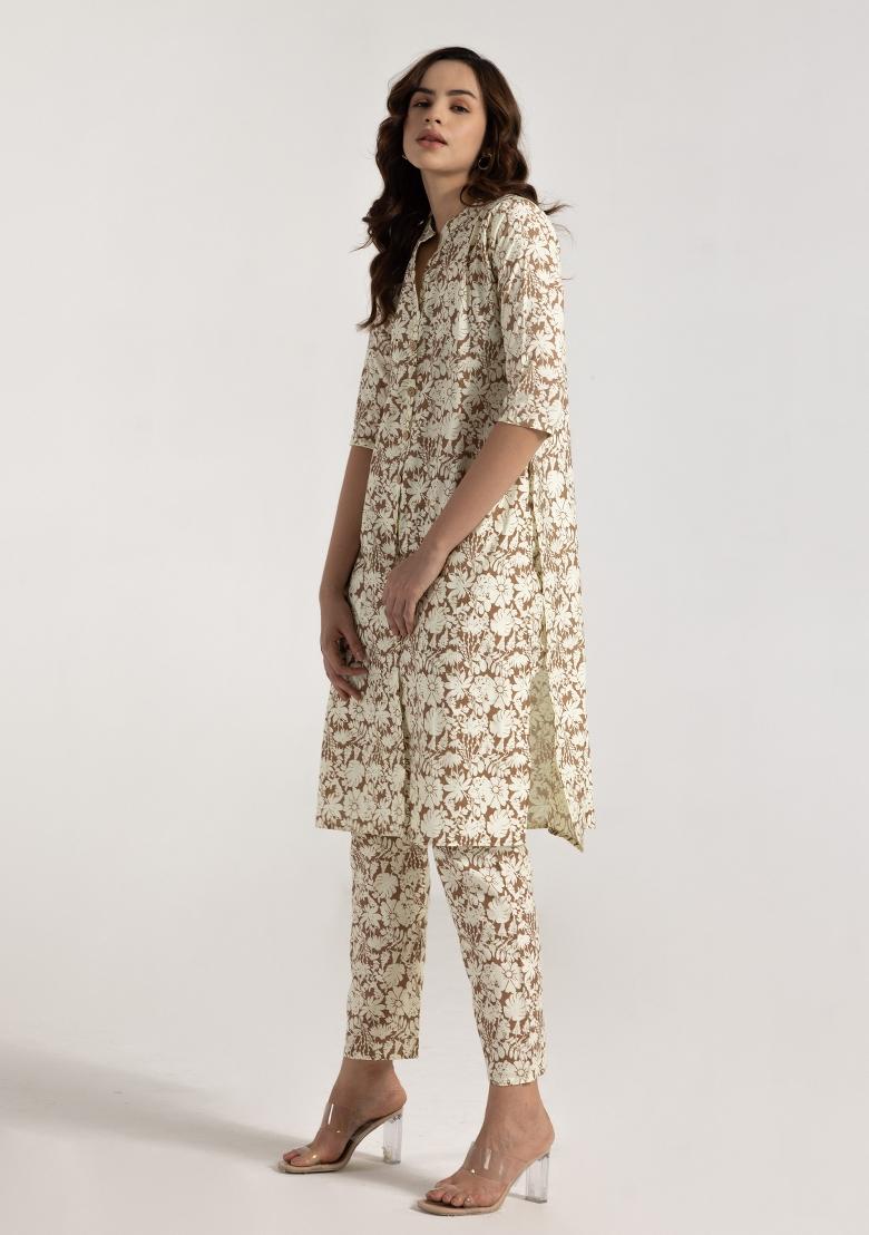 Brown Printed Rayon Salwar Kameez