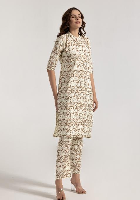 Brown Printed Rayon Salwar Kameez