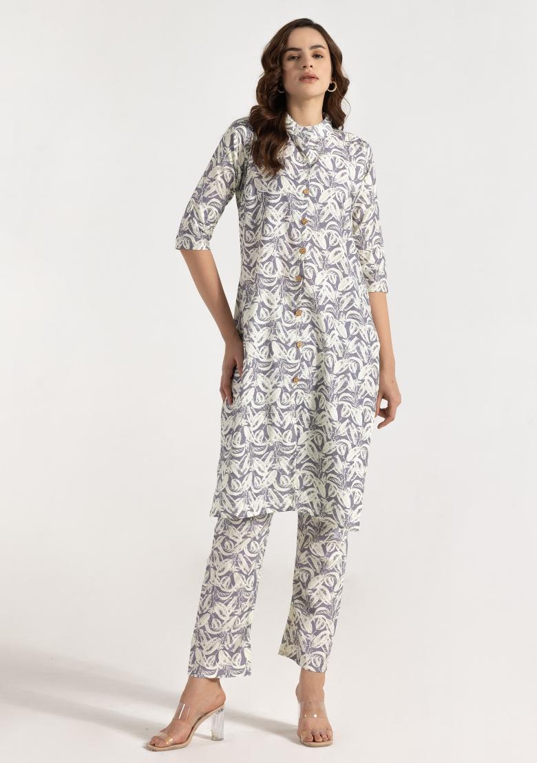 Off White Printed Rayon Salwar Kameez