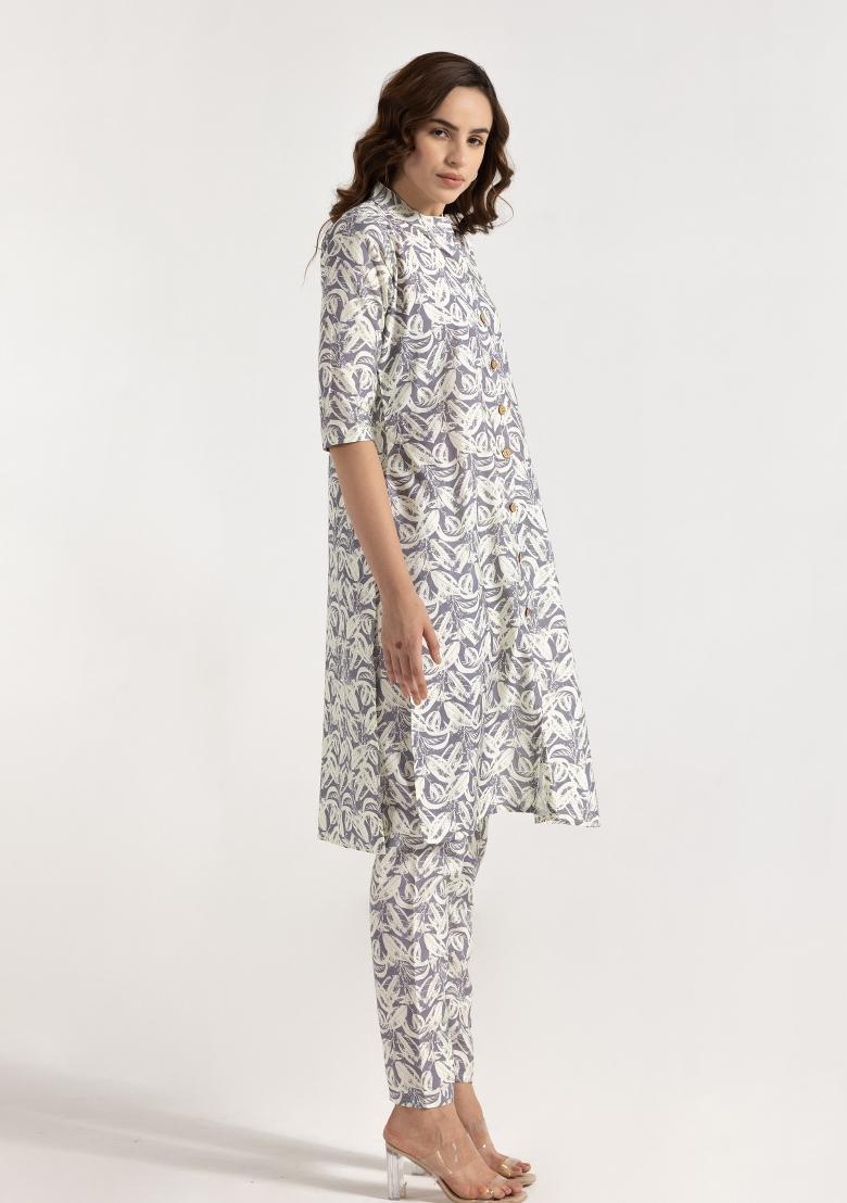 Off White Printed Rayon Salwar Kameez