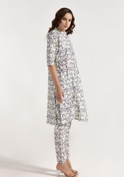 Off White Printed Rayon Salwar Kameez