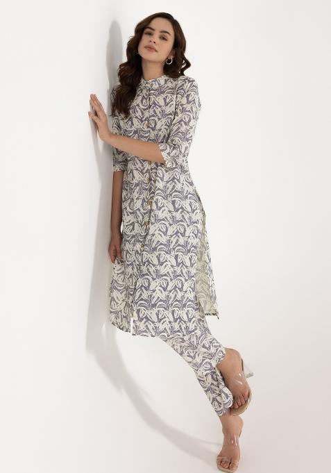 Off White Printed Rayon Salwar Kameez