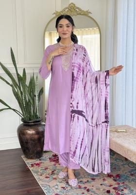 Lavender Embroidered Viscose Slub Salwar Kameez With Dupatta