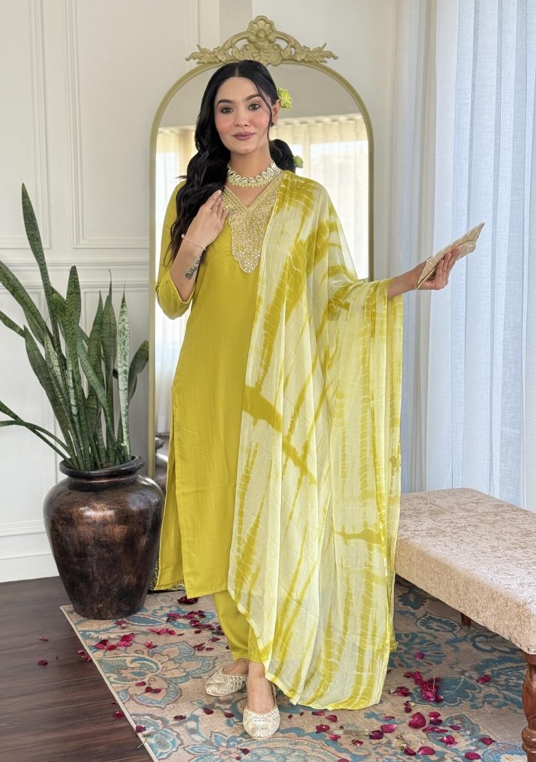 Lemon Yellow Embroidered Viscose Slub Salwar Kameez With Dupatta