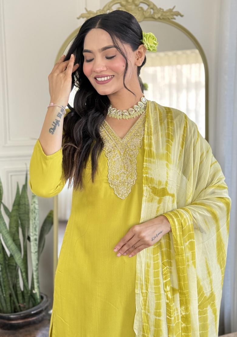 Lemon Yellow Embroidered Viscose Slub Salwar Kameez With Dupatta