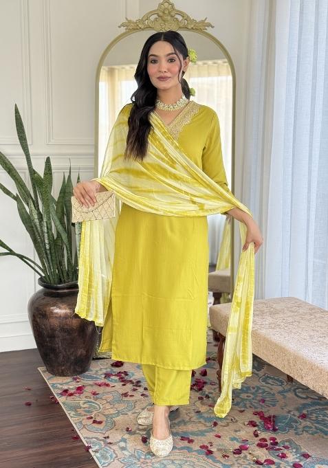 Lemon Yellow Embroidered Viscose Slub Salwar Kameez With Dupatta