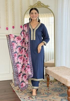 Blue Embroidered Viscose Slub Salwar Kameez With Dupatta