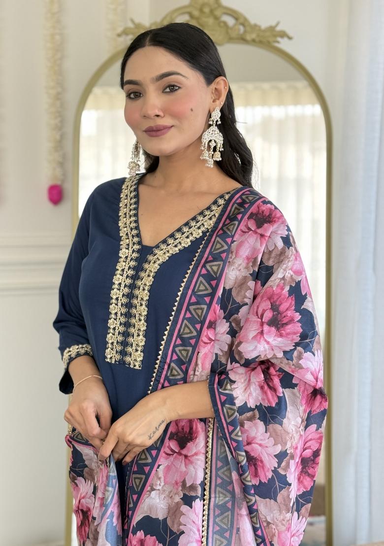 Blue Embroidered Viscose Slub Salwar Kameez With Dupatta