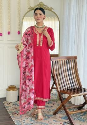 Pink Embroidered Viscose Slub Salwar Kameez With Dupatta