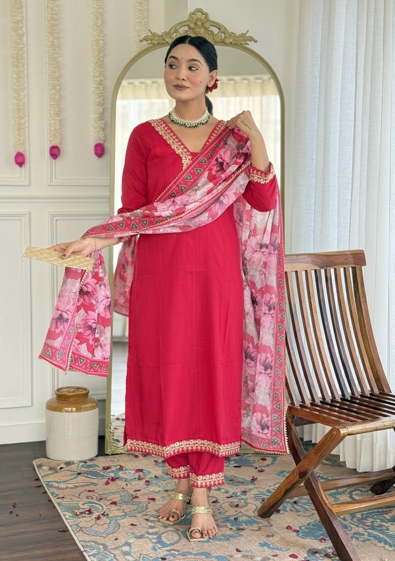 Pink Embroidered Viscose Slub Salwar Kameez With Dupatta