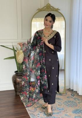 Black Embroidered Viscose Slub Salwar Kameez With Dupatta