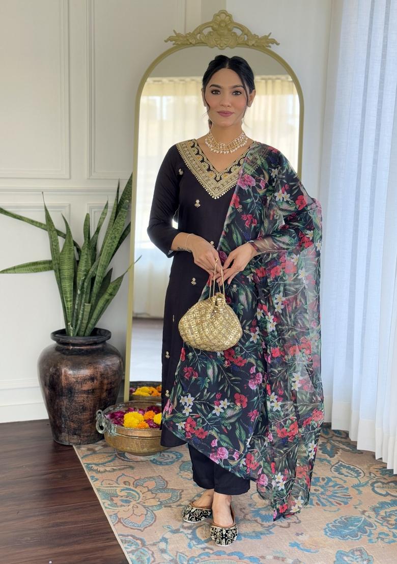 Black Embroidered Viscose Slub Salwar Kameez With Dupatta