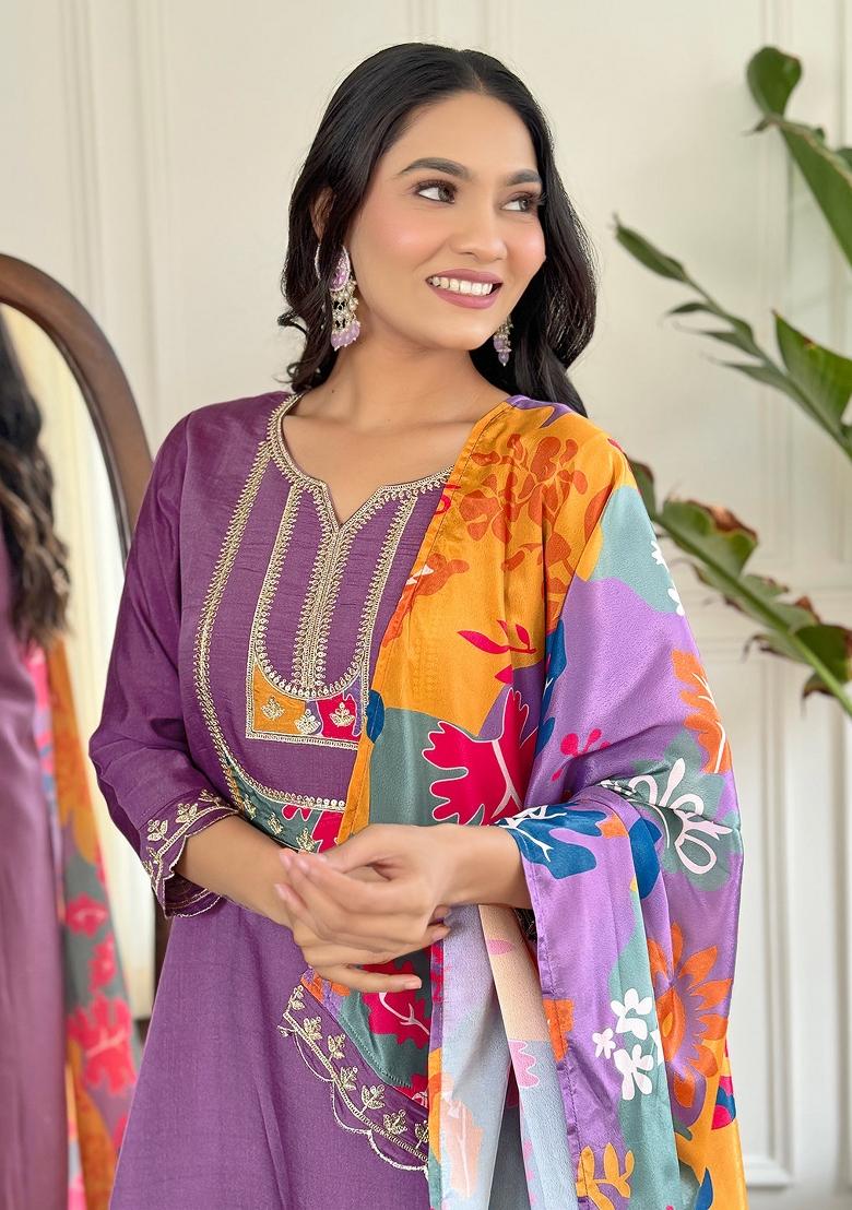 Purple Embroidered Viscose Slub Salwar Kameez With Dupatta