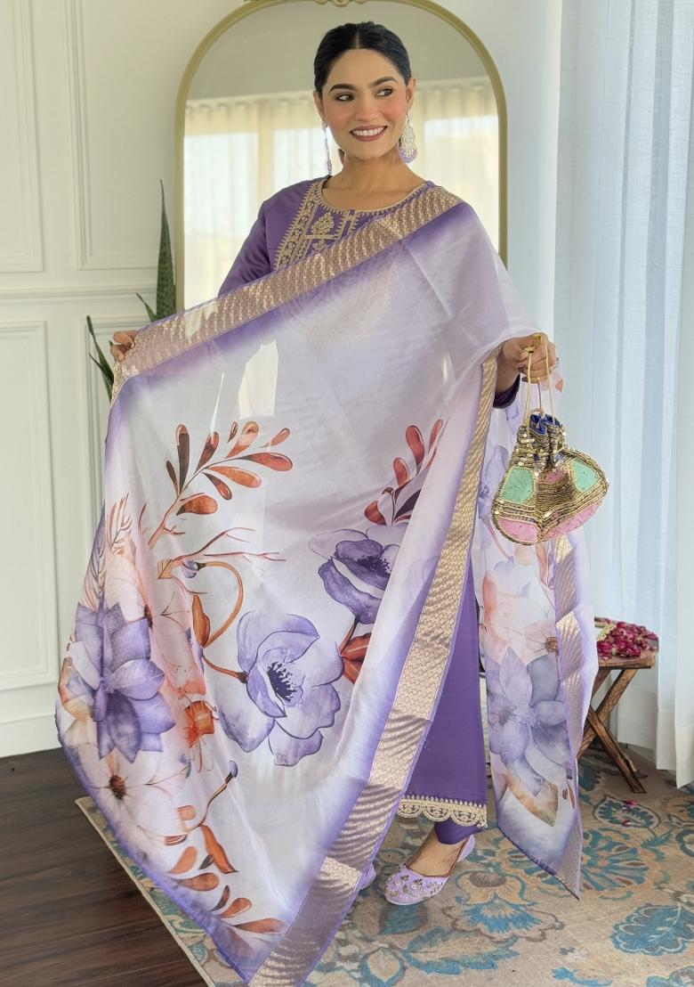 Lavender Embroidered Viscose Rayon Salwar Kameez With Dupatta