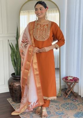 Orange Embroidered Viscose Rayon Salwar Kameez With Dupatta
