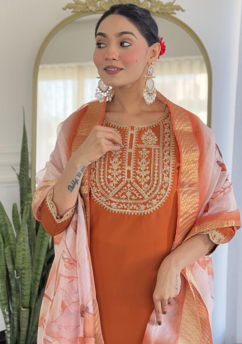 Orange Embroidered Viscose Rayon Salwar Kameez With Dupatta