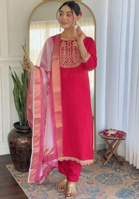 Pink Embroidered Viscose Rayon Salwar Kameez With Dupatta