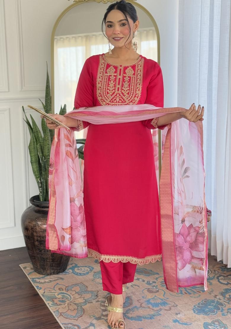 Pink Embroidered Viscose Rayon Salwar Kameez With Dupatta